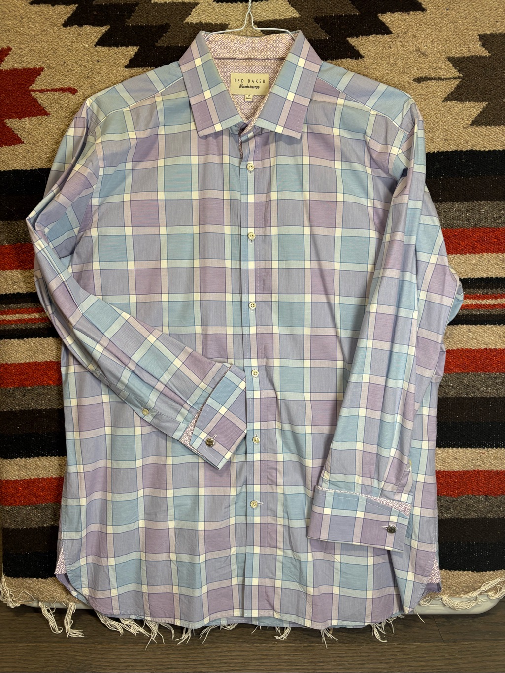 Ted Baker Lavender And Light Blue Plaid Dress Shirt With Spread Collar
